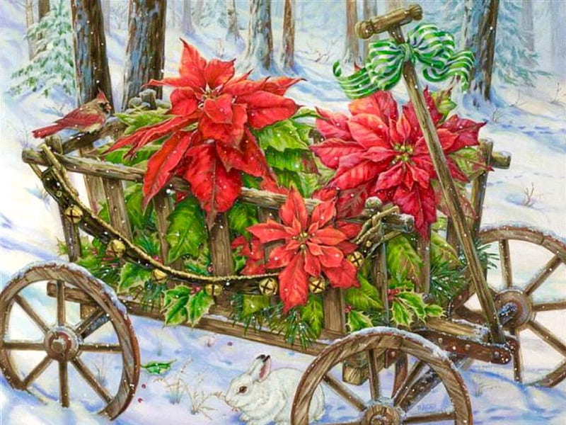 Festive Poinsettias, red, Trees, wagon, snow, flowers, Painting, poinsettia, winter, HD wallpaper