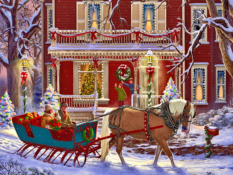 Christmas sleigh, joy, horse, mood, lights, family, art, sleigh, christmas, holiday, town, fun, ride, HD wallpaper