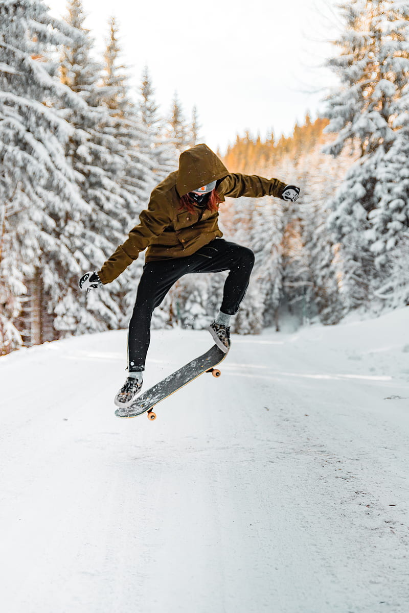 skateboarder, skateboard, jump, trick, snow, winter, HD phone wallpaper