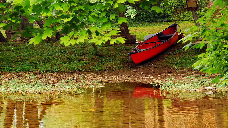 Red canoe near river, red, rural, tranquil, peaceful, canoe, reflection, trees, Tennessee, bonito, HD wallpaper