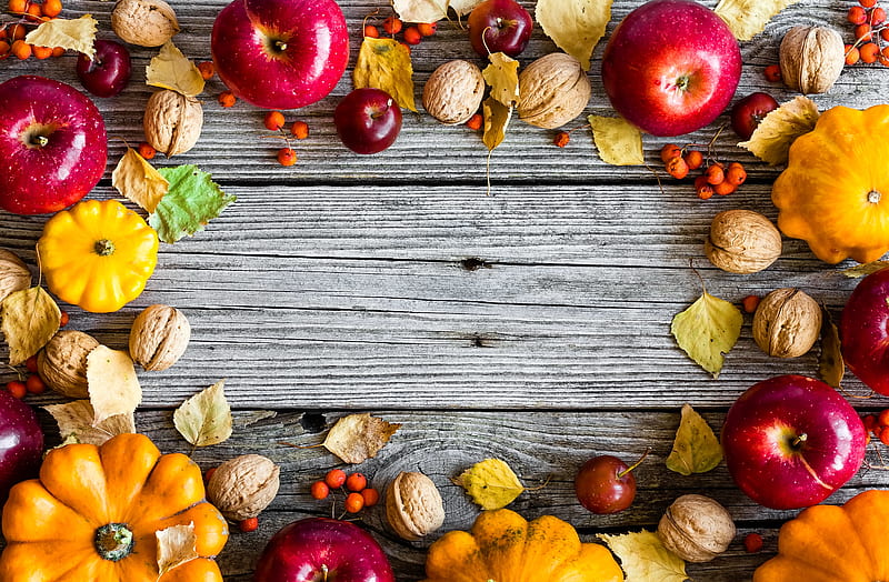 Autumn background, pretty, colorful, fall, autumn, apples, background, fruits, bonito, nuts, leaves, pumpkin, plenty, season, HD wallpaper