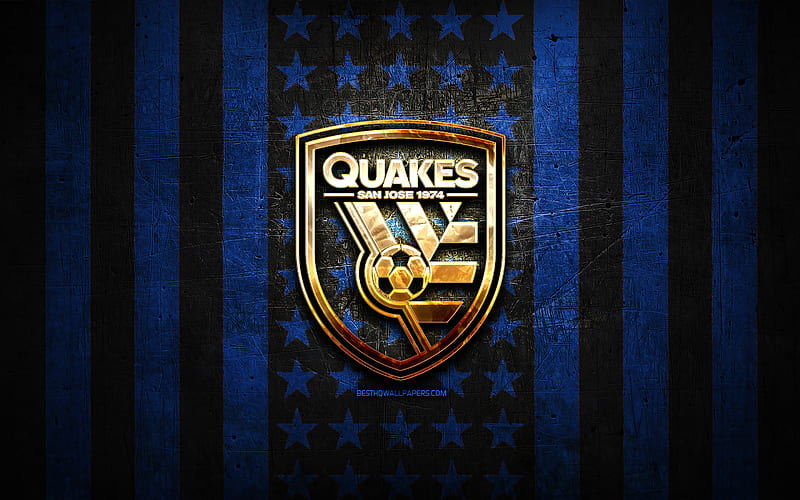 San Jose Earthquakes flag, MLS, blue black metal background, american soccer club, San Jose Earthquakes logo, USA, soccer, San Jose Earthquakes FC, golden logo, HD wallpaper