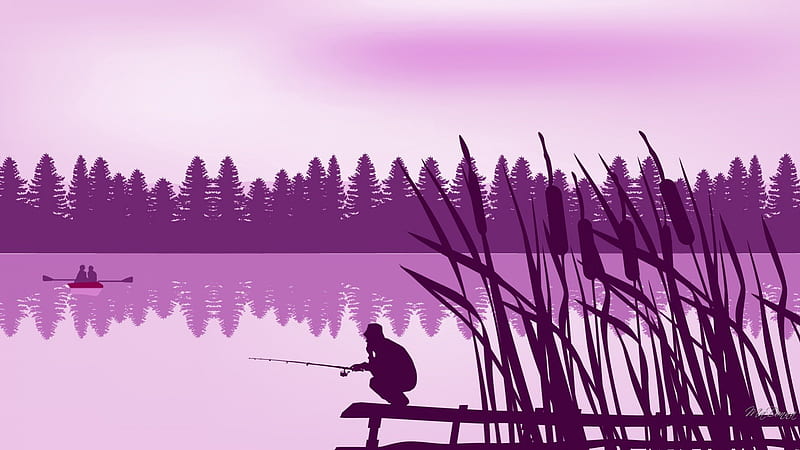 Fishing Off the Dock, grass, fish, reeds, trees, lake, fisherman, sport, dock, pink, fishing, HD wallpaper