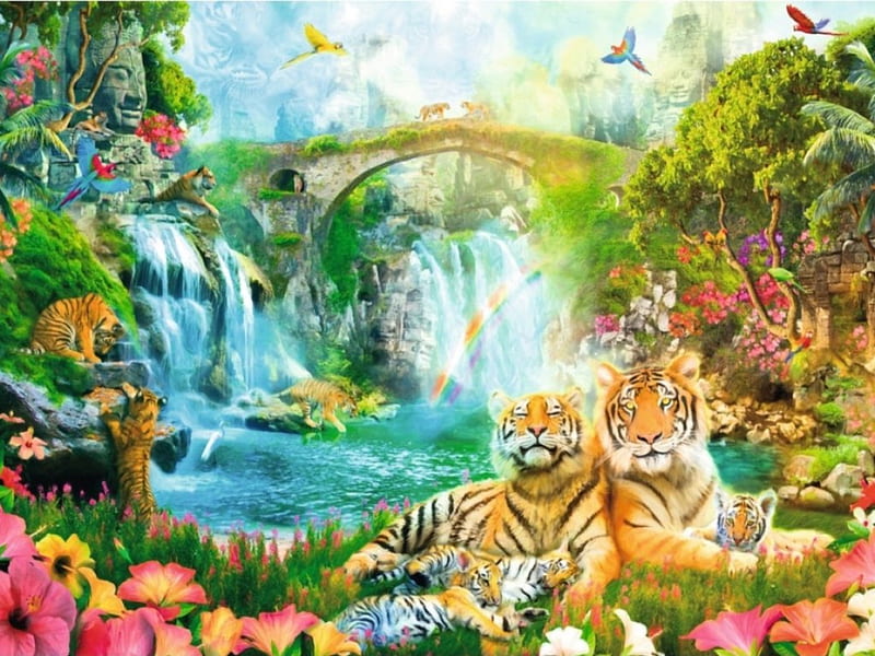 Tiger Paradise, pretty, scenic, tiger, bonito, rainbow, parrot, floral, animal, sweet, blossom, nice, fantasy, waterfall, beauty, scenery, lovely, abstract, pond, water, paradise, bird, flower, scene, HD wallpaper
