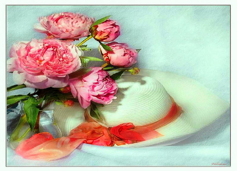 Still life, vase, peonies, sun hat, bouquet, flowers, nature, white, pink, HD wallpaper