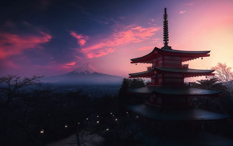 Mount Fuji, evening, sunset, pagoda, japanese temple, stratovolcano, Fujiyama, japan, HD wallpaper