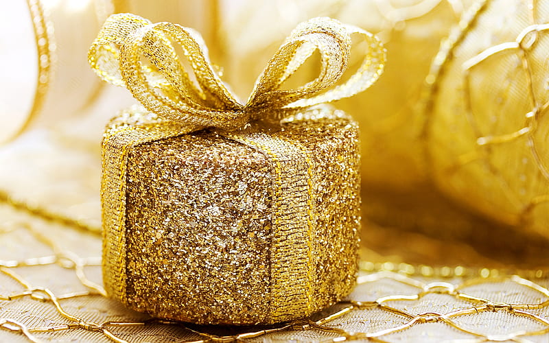 Golden gift box Christmas, golden glittering, New Year, golden silk bow, golden background, Happy Christmas, HD wallpaper