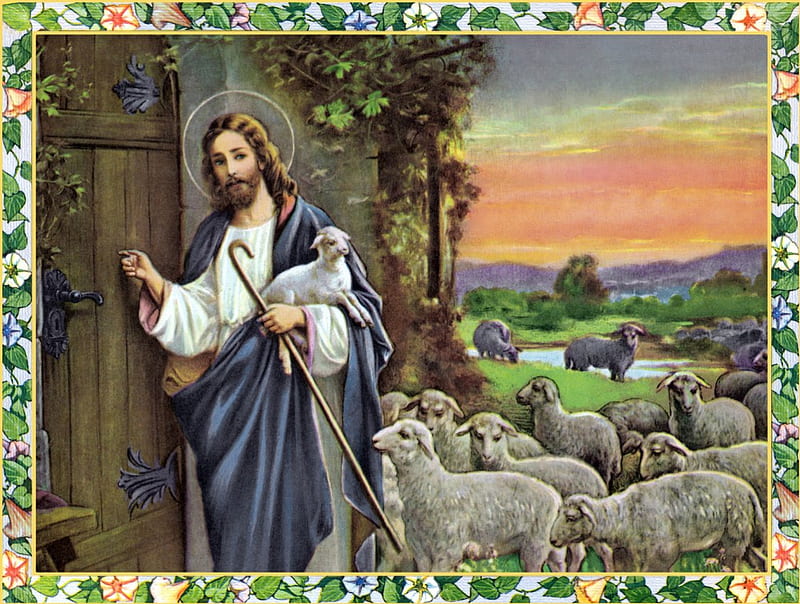 Jesus shepherd knocks the door, christ, sheep, jesus, shepherd, god, door, HD wallpaper
