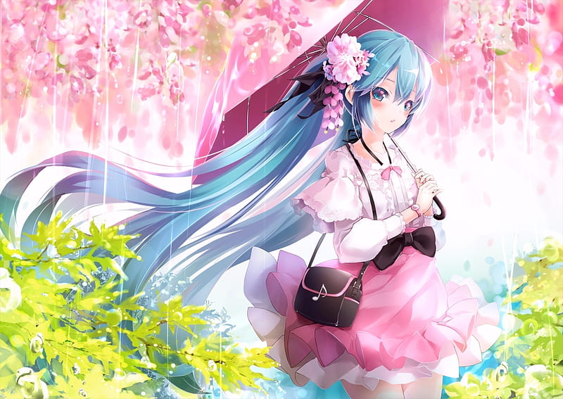 Miku, hatsune miku, umbrella, manga, spring, blossom, green, girl, anime, flower, pink, ajigo, blue, HD wallpaper