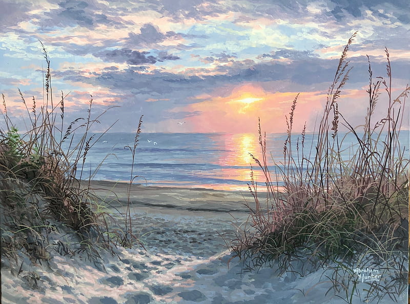 Myrtle Beach Sunrise, beach, sun, grass, sky, reflection, clouds, sea, artwork, painting, HD wallpaper