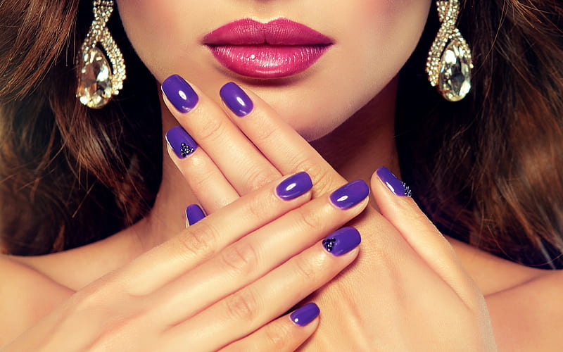 purple, earrings, manicure, hand, jewel, lips, nails, pink, HD wallpaper