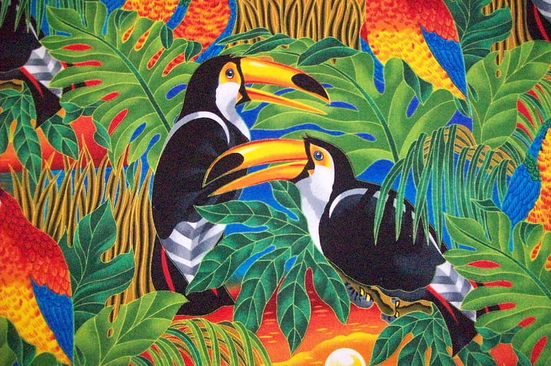COLORFUL BIRD FABRIC, large, birds, beak, print, toucan, HD wallpaper