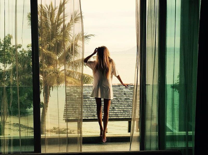 Anjelica Ebbi, posing on balcony, see thru sheers, sliding doors, blonde, see through glass railing, tiled roof behind model, palm tree, HD wallpaper