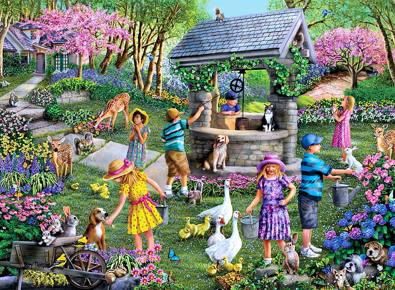 The Wishing Well, house, chicken, children, artwork, deer, geese, painting, summer, flowers, rabbits, dogs, HD wallpaper