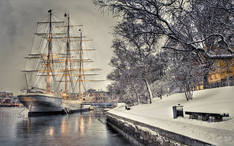 the tall ship af chapman in a swedish harbor r, dock, town, sail ship, r, harbor, winter, HD wallpaper