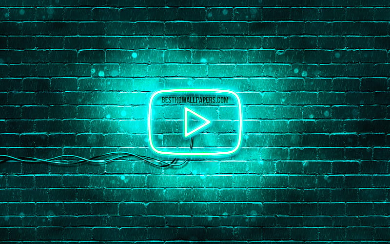 Youtube turquoise logo turquoise brickwall, Youtube logo, brands, Youtube neon logo, Youtube, HD wallpaper