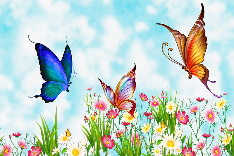 Flutter By Butterflies, hop, Butterflies, Bright, Spring, Meadow, HD wallpaper