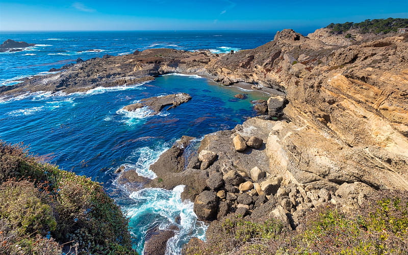 Pacific Ocean, rocky coast, rocks, waves, bay, California, Monterey, Big Sur Coastline, USA, HD wallpaper