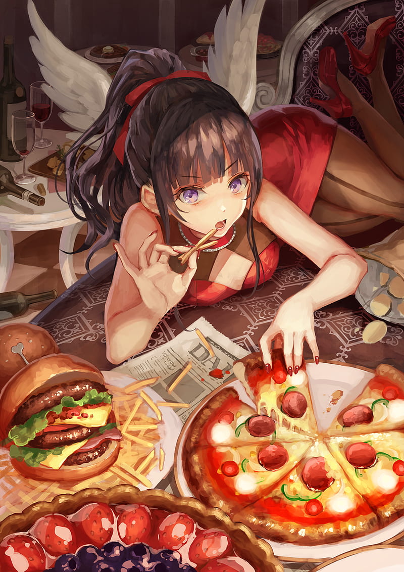 anime girls, brunette, ponytail, hair ribbon, purple eyes, eating, anime girls eating, dress, pantyhose, high heels, red nails, painted nails, food, fast food, burgers, French fries, pizza, lying on front, artwork, drawing, digital art, illustration, 2D, Mai Okuma, HD phone wallpaper