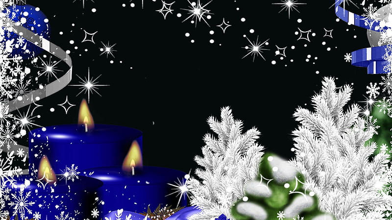 Blue Candle Holiday, stars, feliz navidad, glow, christmas, ribbon, shine, candles, winter, tree, flame, bright, light, frost, HD wallpaper