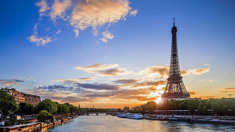 Eiffel tower, pais, tower, boats, tress, sunset, river, clouds, HD ...