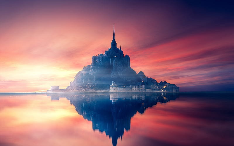 Mont-Saint-Michel french landmarks, island, morning, France, Europe, HD wallpaper