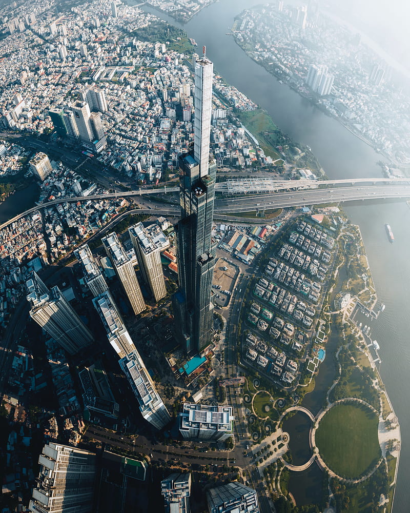 city, skyscrapers, aerial view, buildings, HD phone wallpaper