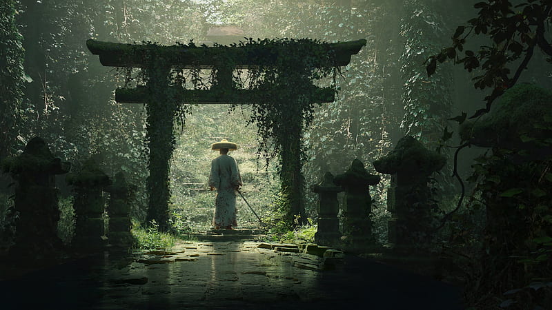 Fantasy, Samurai, Greenery, Katana, Torii, HD wallpaper