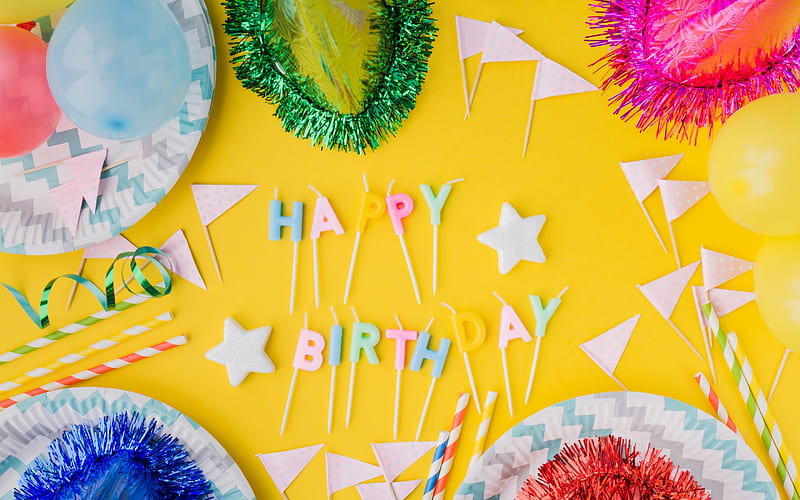Happy Birtay, yellow background, inflatable balls, candles, congratulations, postcard, Birtay concepts, HD wallpaper