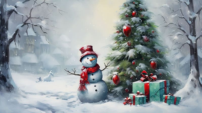 Christmas tree and snowman, hazak, kalap, termeszet, hideg, dekoracio, karacsony, december, ho, fagy, hoember, sal, unnep, ajandekok, evad, hoeses, teli, fagyos, kod, fak, HD wallpaper