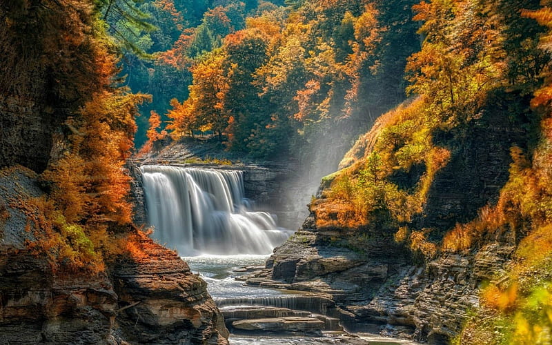 Autumn Waterfalls, Fall, rocks, Letchworth, trees, canyon, foliage, waterfalls, New York, water, waterfall, river, Autumn, Letchworth State Park, HD wallpaper
