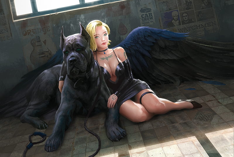 Dog and angel, angel, caine, avant choi, animal, dog, art, frumusete, wings, luminos, black, fantasy, girl, HD wallpaper