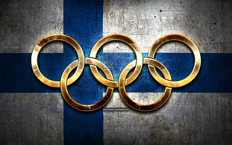 Finnish olympic team, golden olympic rings, Finland at the Olympics, creative, Finnish flag, metal background, Finland Olympic Team, flag of Finland, HD wallpaper