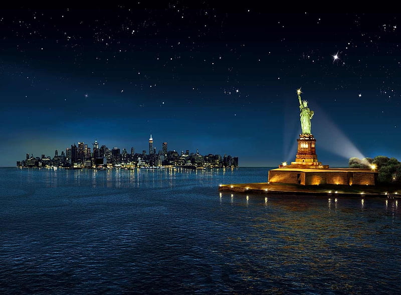 Lady Liberty, liberty, beacon, new york, water, sykline, lady, harbor, night, HD wallpaper