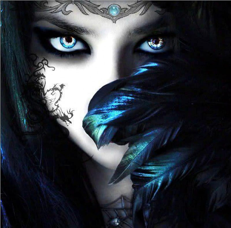 Pretty Goth Princess, goth, girl, feather, princess, woman, blue, HD wallpaper