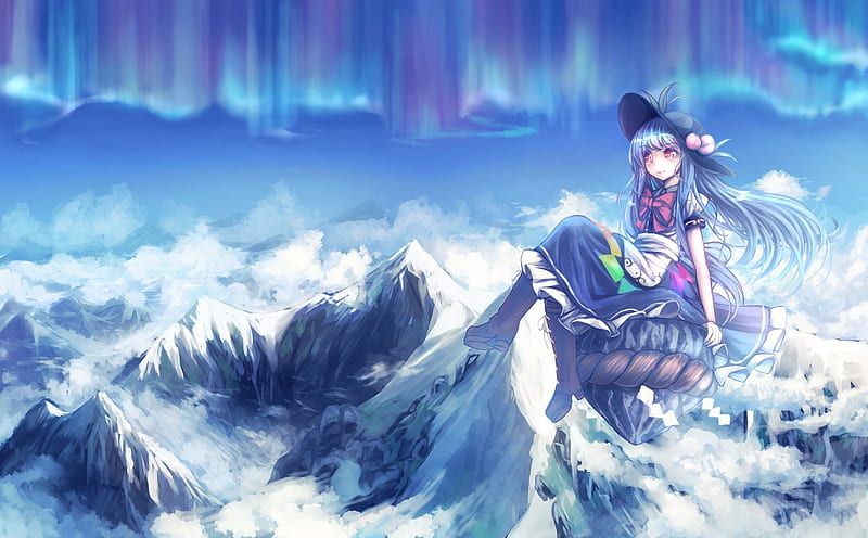 hinanawi tenshi, touhou, clouds, mountains, aurora, scenic, Anime, HD wallpaper