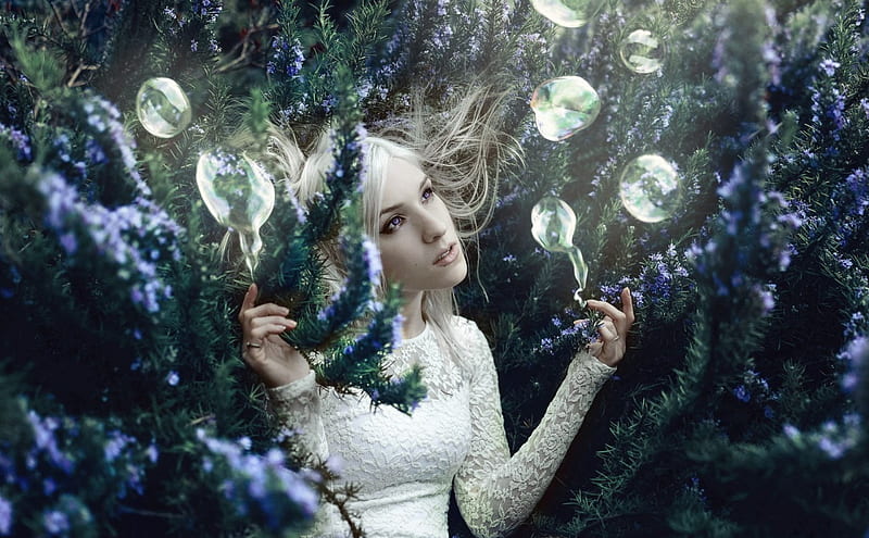 Fantasy girl by Kindra Nikole, fantasy, green, girl, bubbles, white, kindra nikole, woman, blue, HD wallpaper