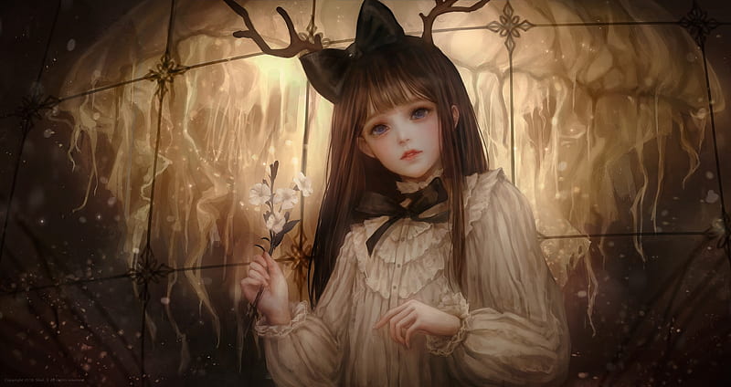 gothic anime girl, semi realistic, lolita fashion, brown hair, white dress, Anime, HD wallpaper