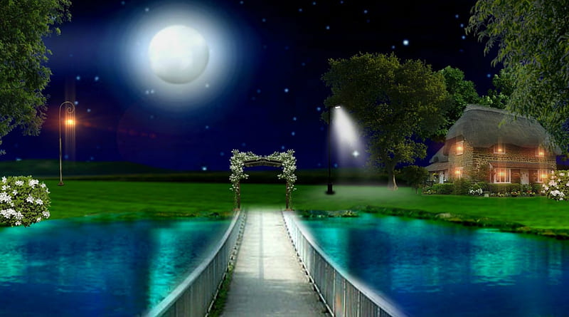 ~*~ Sweet Night ~*~, bridge, full moon, nature, , lake, night, landscape, cottafe, HD wallpaper