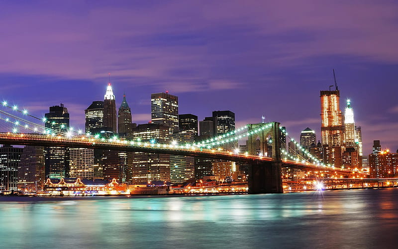 New York, skyscrapers, nightscape, bridge, USA, America, HD wallpaper