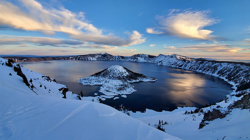 Crater Lake National Park, Oregon, ice, water, sky, snow, clouds, HD wallpaper