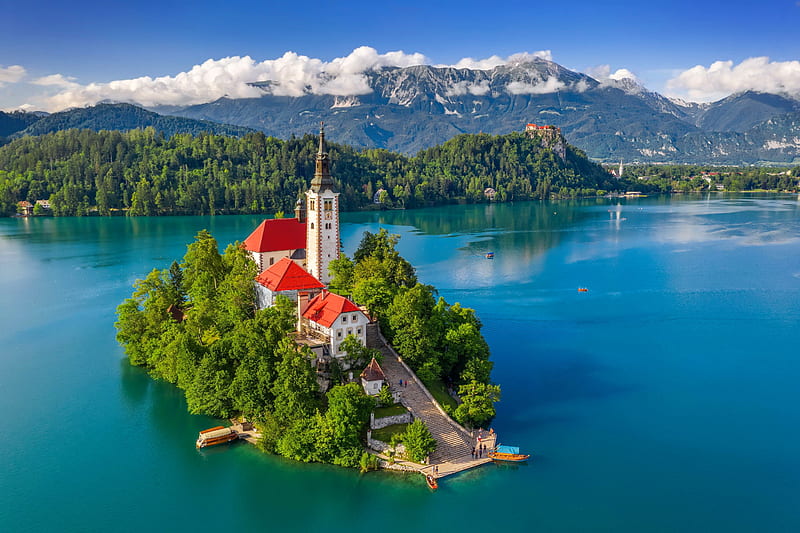 View of lake Bled, lake, mountain, Bled, view, island, bonito, castle, Slovenia, HD wallpaper