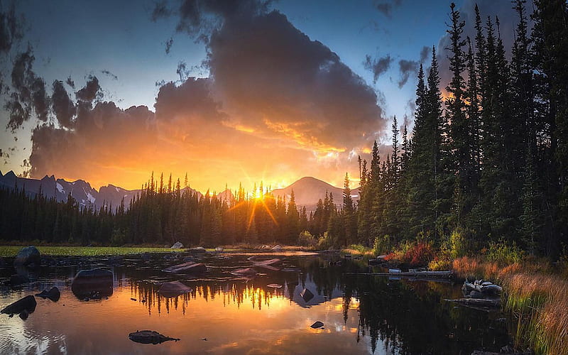 A Hiker’s Paradise, Colorado Rockies, sun, usa, mountains, reflections, sky, clouds, trees, lake, HD wallpaper