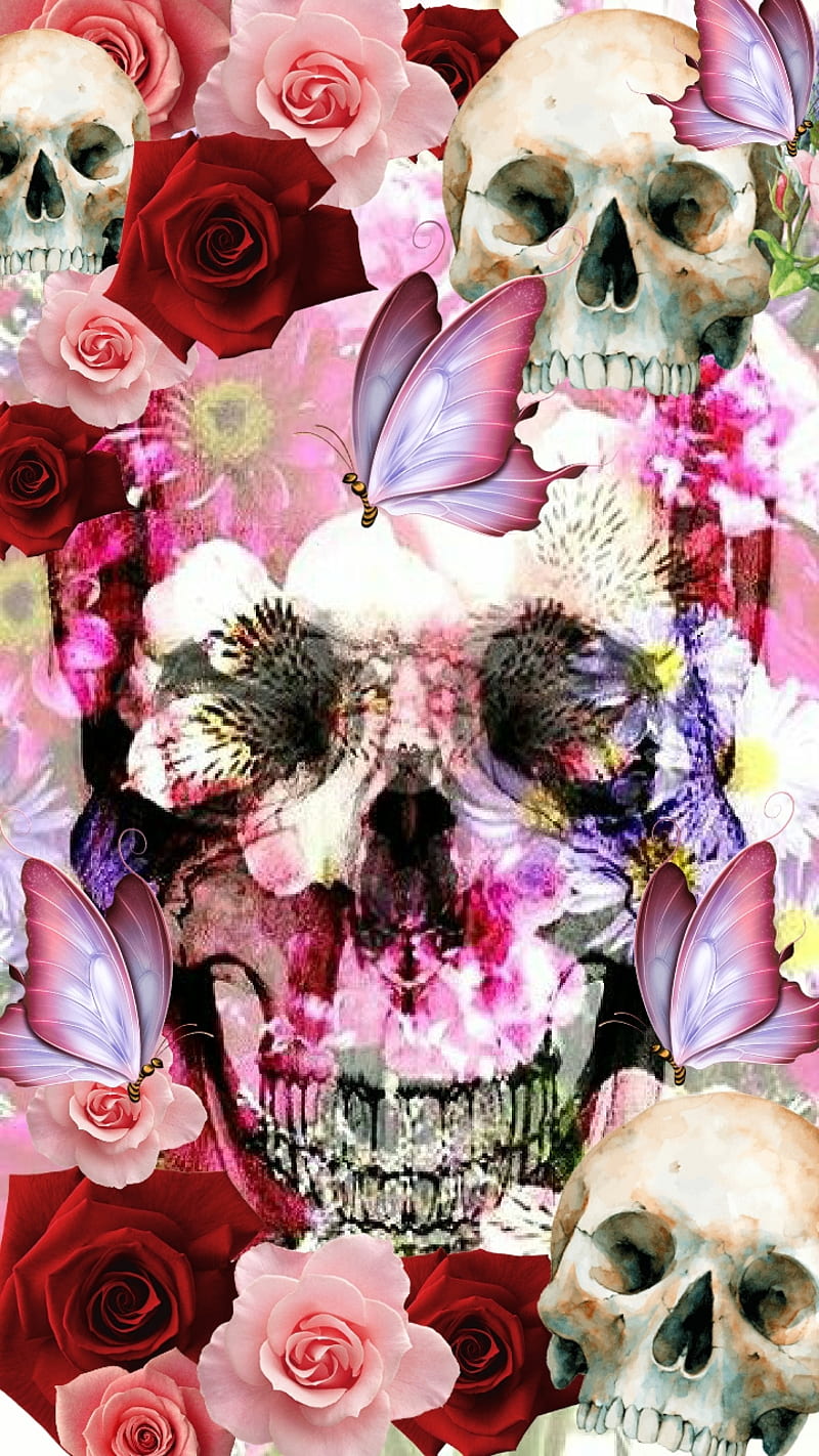 Distortion, butterfly, day, dead, flowers, pink, red, roses, skull, sugar, HD phone wallpaper