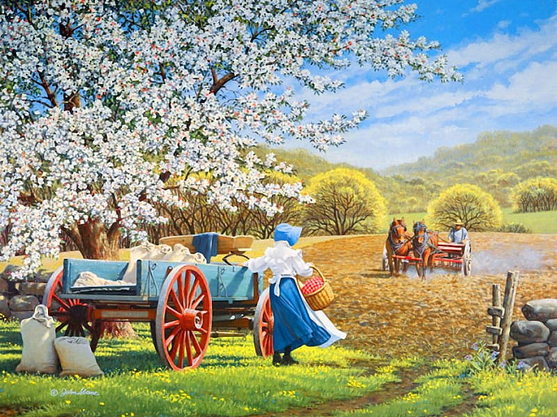 Noontime, pretty, cart, bonito, fragrance, woman, nice, wait, painting, flowers, art, lovely, scent, spring, sky, horses, tree, men, blossoms, nature, walk, work, blooming, meadow, field, HD wallpaper