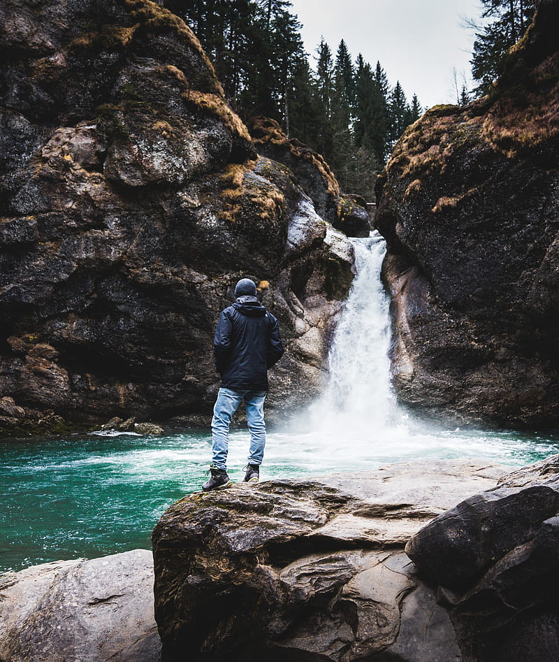 man, rock, waterfall, river, nature, HD phone wallpaper