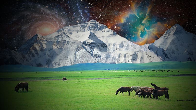 Landscape, Nebula, Galaxy, Space, Sci Fi, Himalayas, Shooting Star, Mount Everest, HD wallpaper