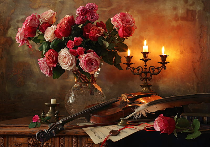 Still life, Violin, Notes, Flowers, Candles, Roses, Pen, HD wallpaper