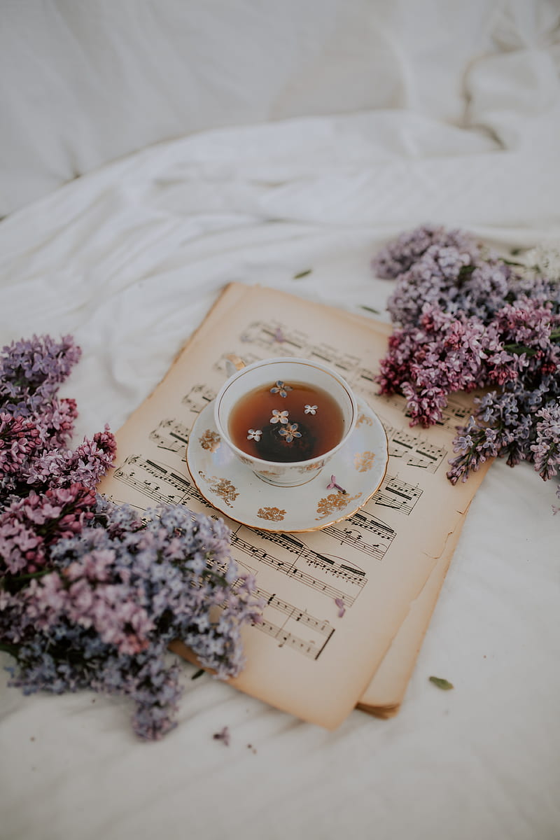 cup, tea, lilac, flowers, notes, still life, HD phone wallpaper