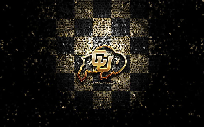 Colorado Buffaloes, glitter logo, NCAA, brown black checkered background, USA, american football team, Colorado Buffaloes logo, mosaic art, american football, America, HD wallpaper